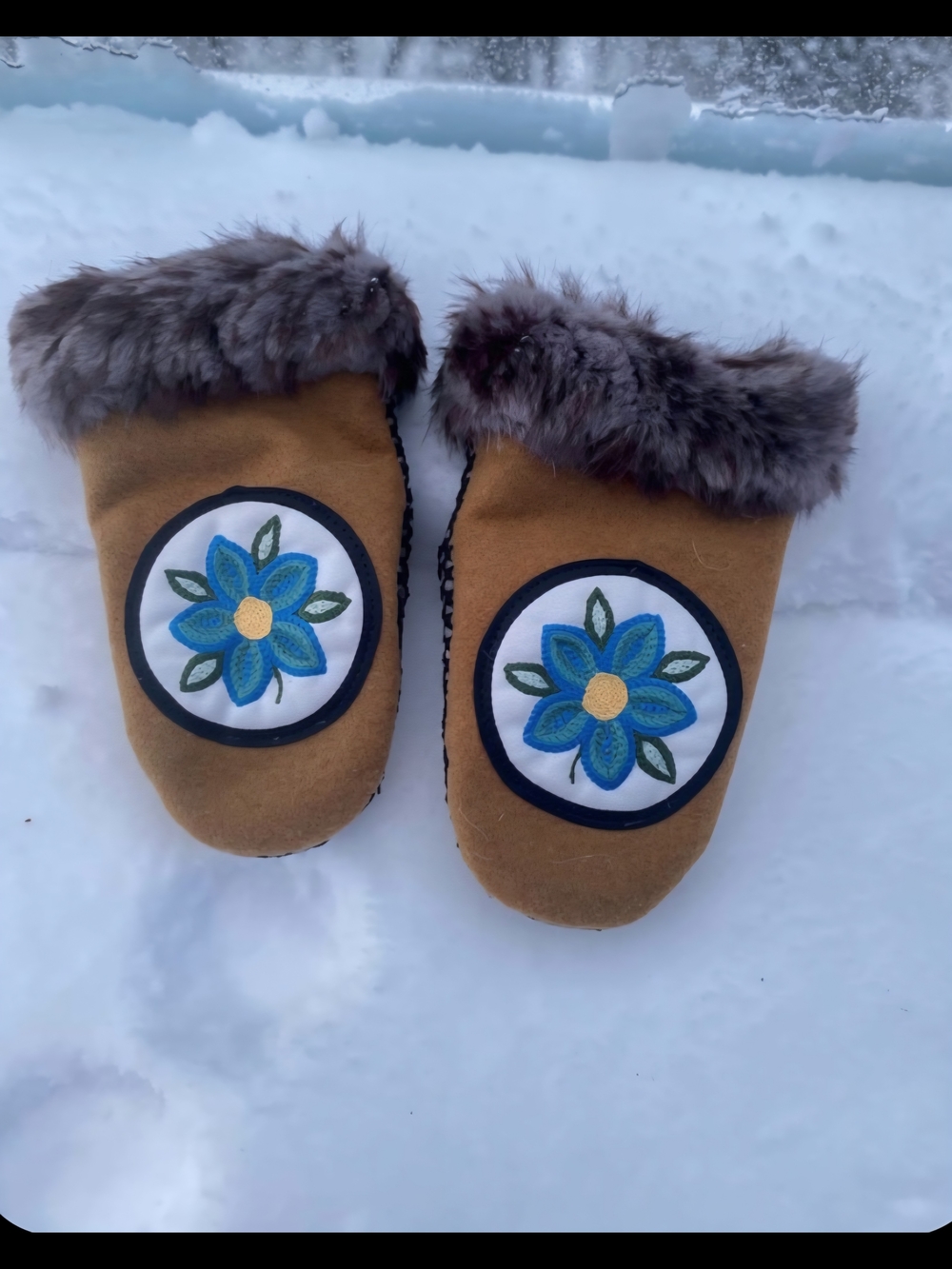 Brown Textile  Mittens with Beaver Fur Cuff and Blue Floral Patch Handmade